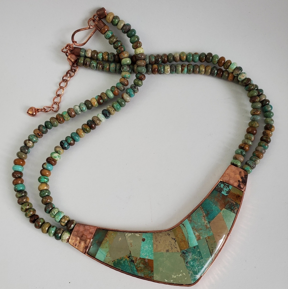 Copper Gold Turquoise Inlaid Native Necklace - Picture 5 of 9